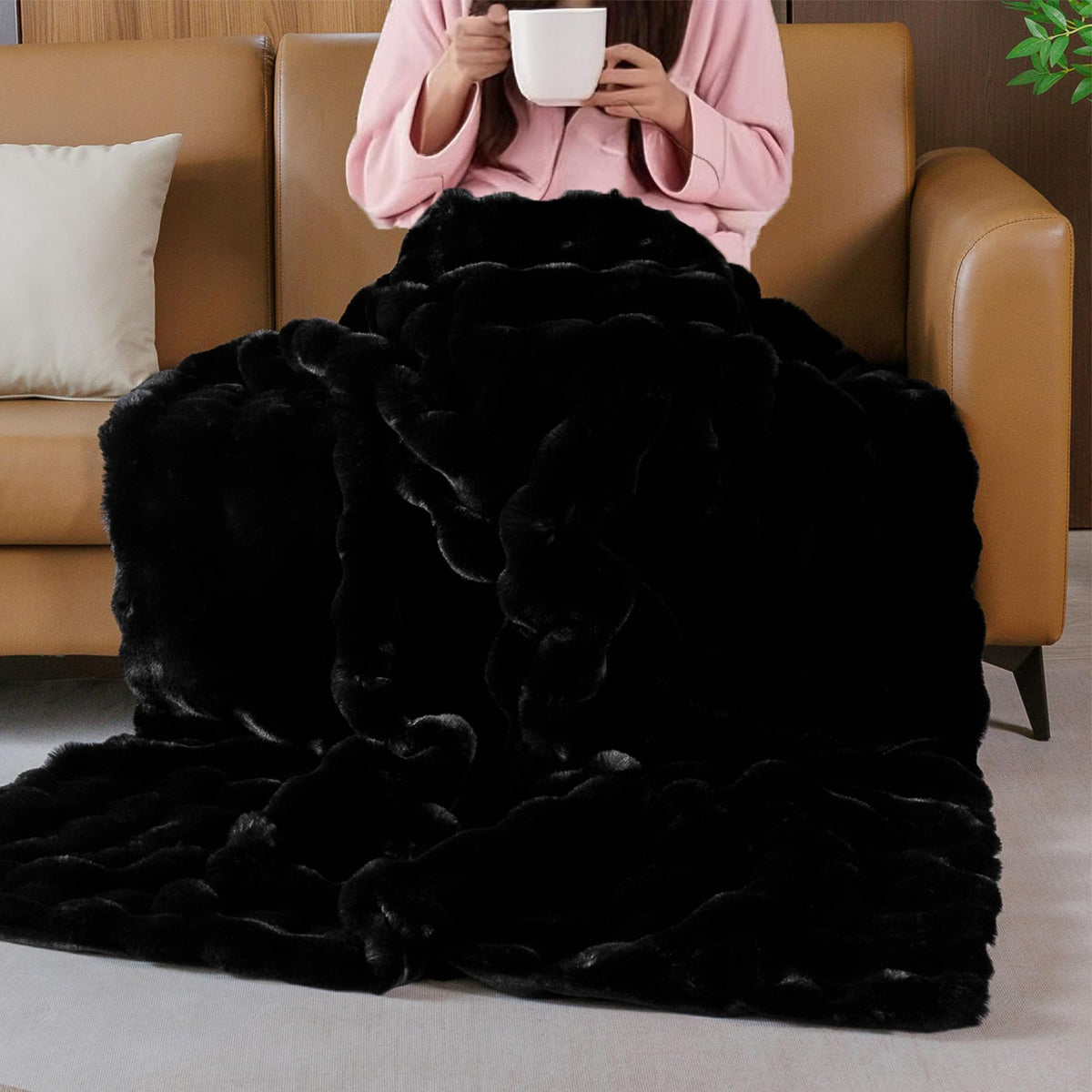 BlanketSolution fluffy furry black throw side view demonstrates double-sided warmth and softness