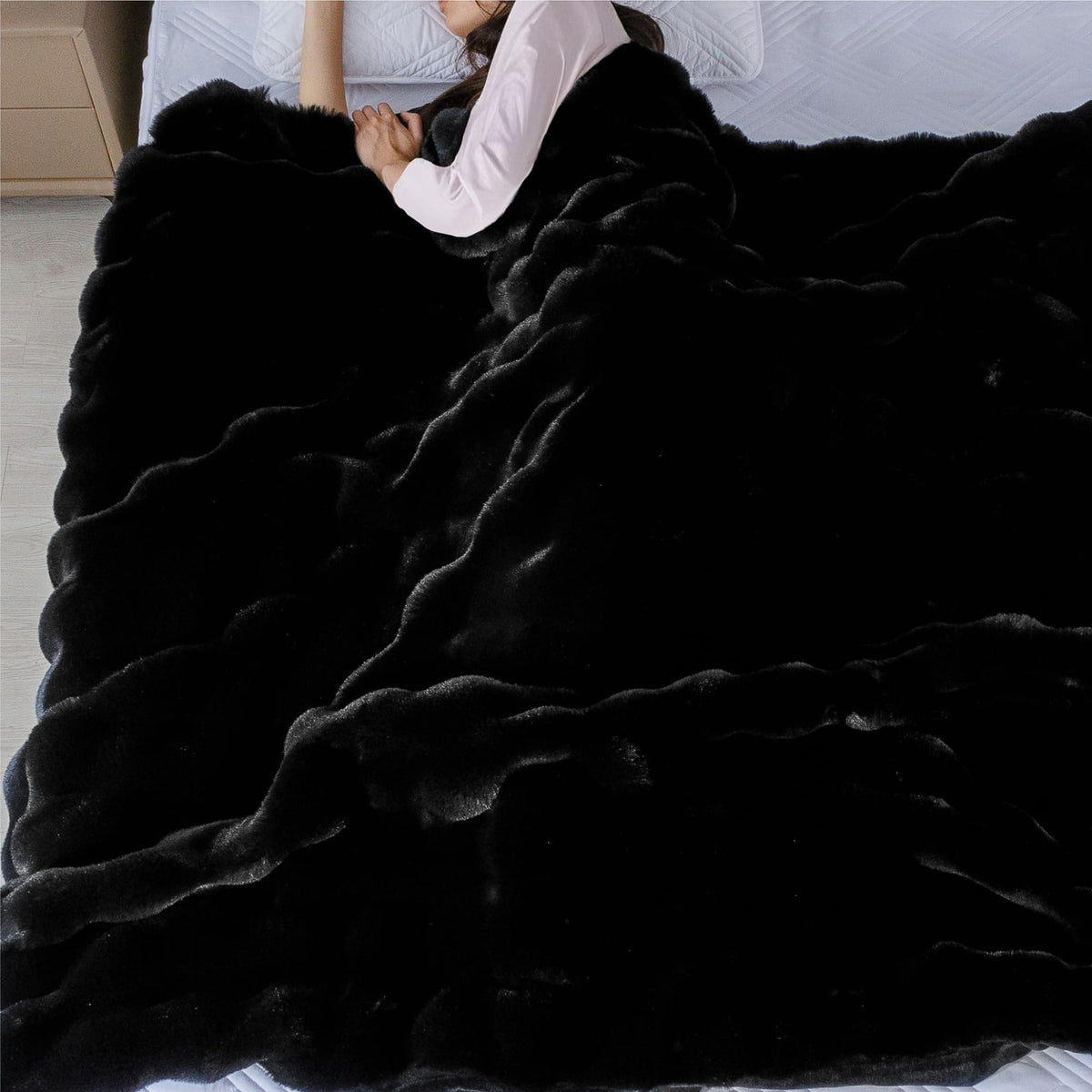 BlanketSolution fluffy furry black throw wrapped for cozy couch lounging