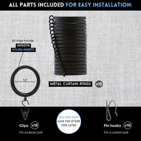 Rings ready for pin hooks and removable clips for versatile hanging.