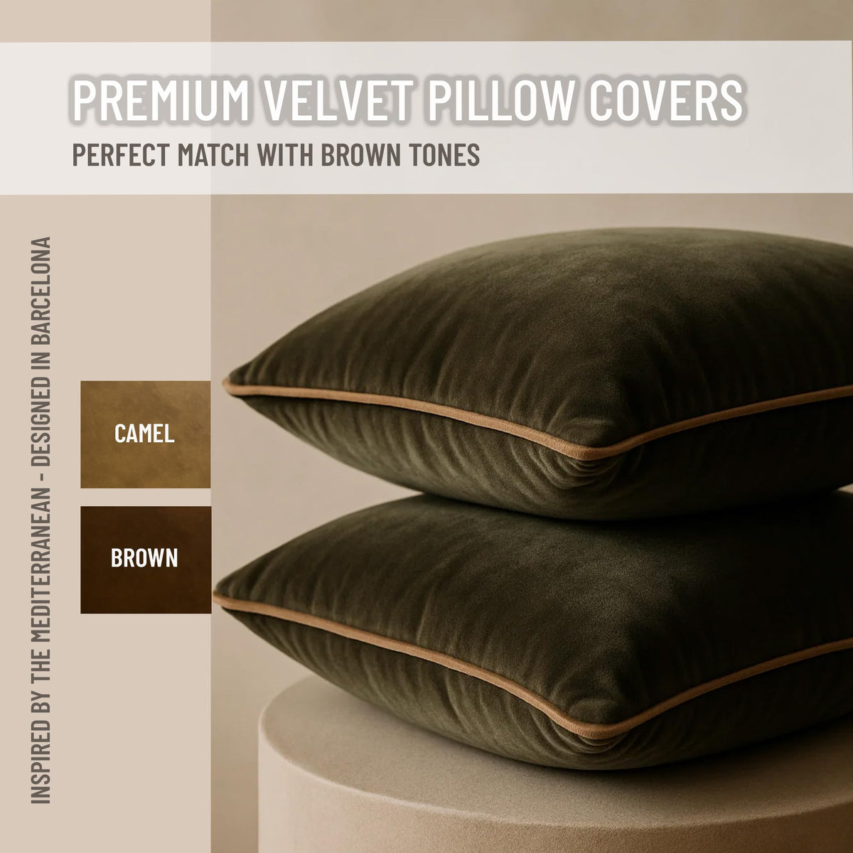Green camel contrast piping detail on Blau Marité cushion enhances modern decor.