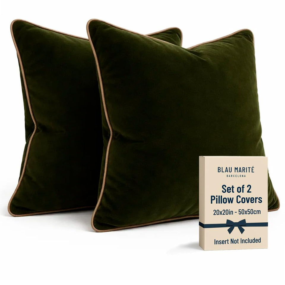 Blau Marité velvet pillow cover in green and camel for modern living rooms.
