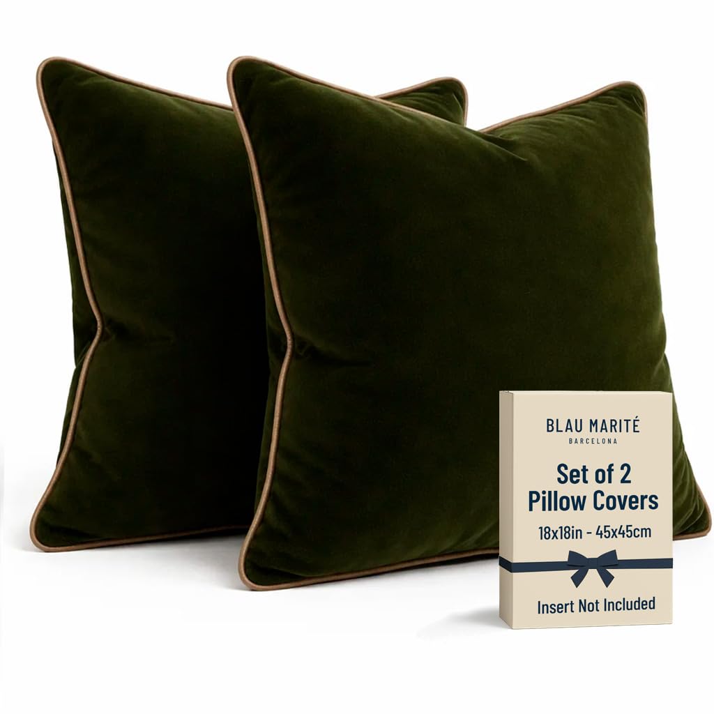 Blau Marité velvet throw pillow cover in green and camel adds soft texture.