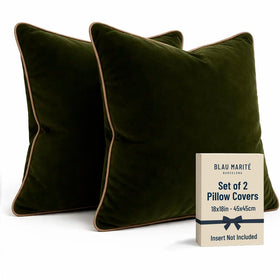 Blau Marité velvet throw pillow cover in green and camel adds soft texture.