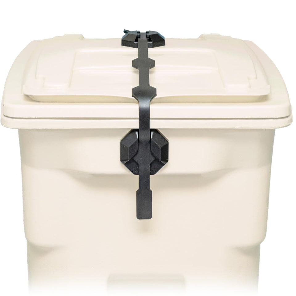 Blazer Brand strong strap lid lock setup on 32–96 gallon can for tool-free installation