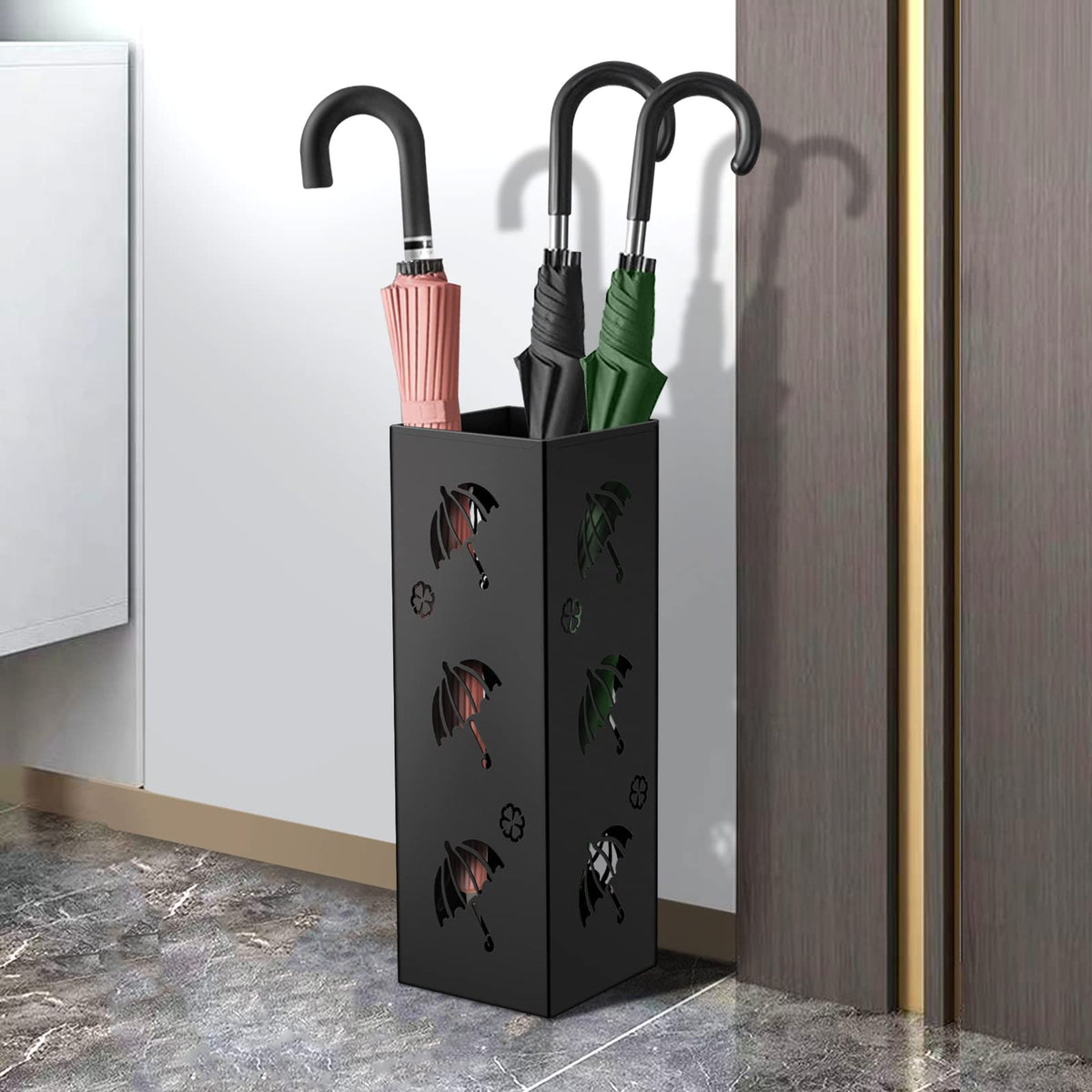 BLELEYLL umbrella stand hollow design supports quick drying and versatile storage.