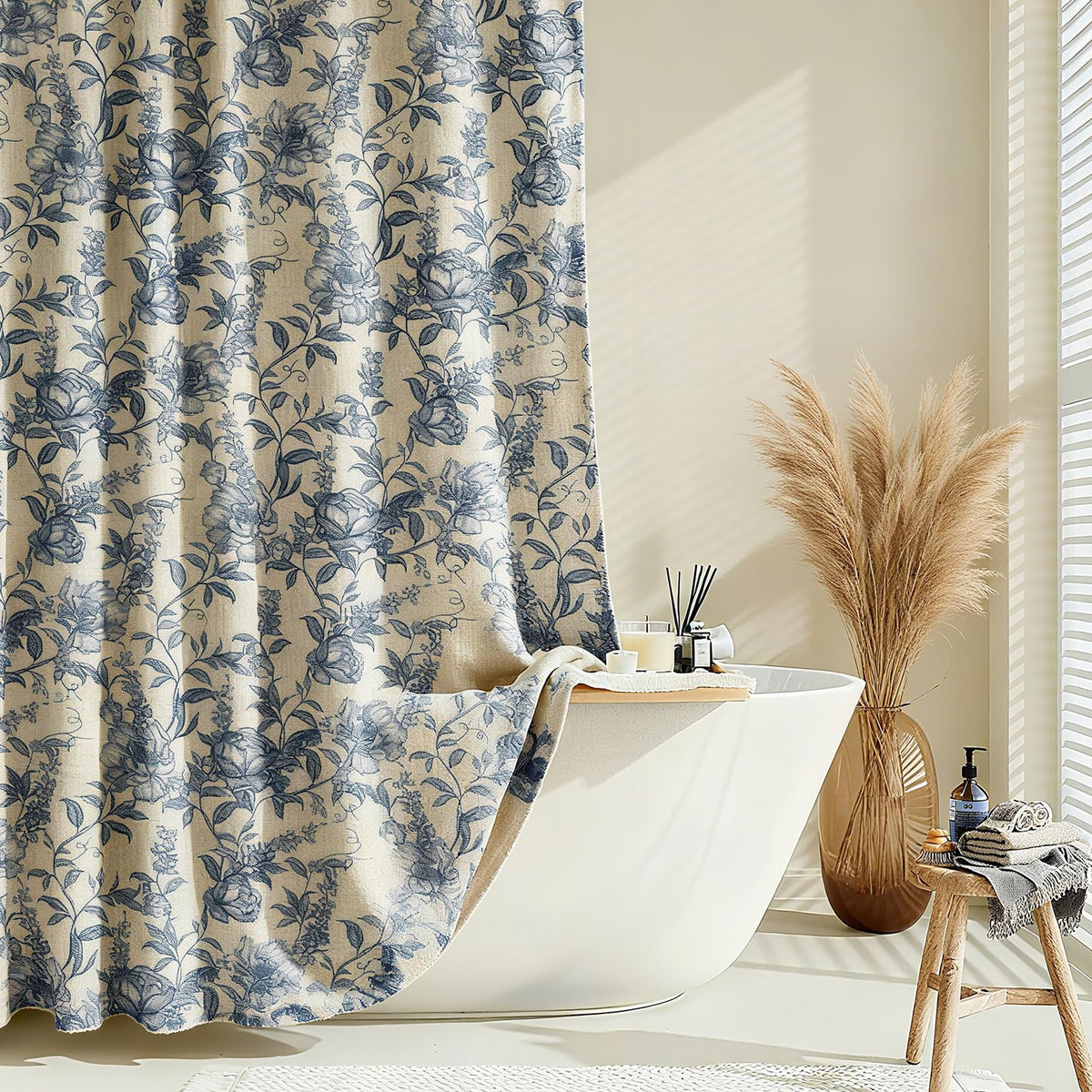 Blgiont Farmhouse Blue Floral Shower Curtain close-up fabric showing durable faux linen texture.