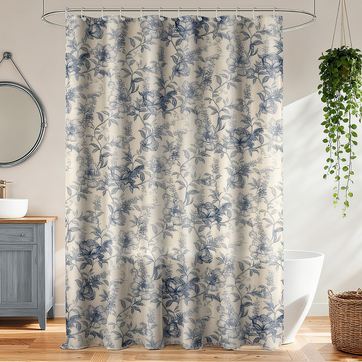 Blgiont farmhouse blue floral shower curtain drape demonstrates soft fall and cozy cottage vibe