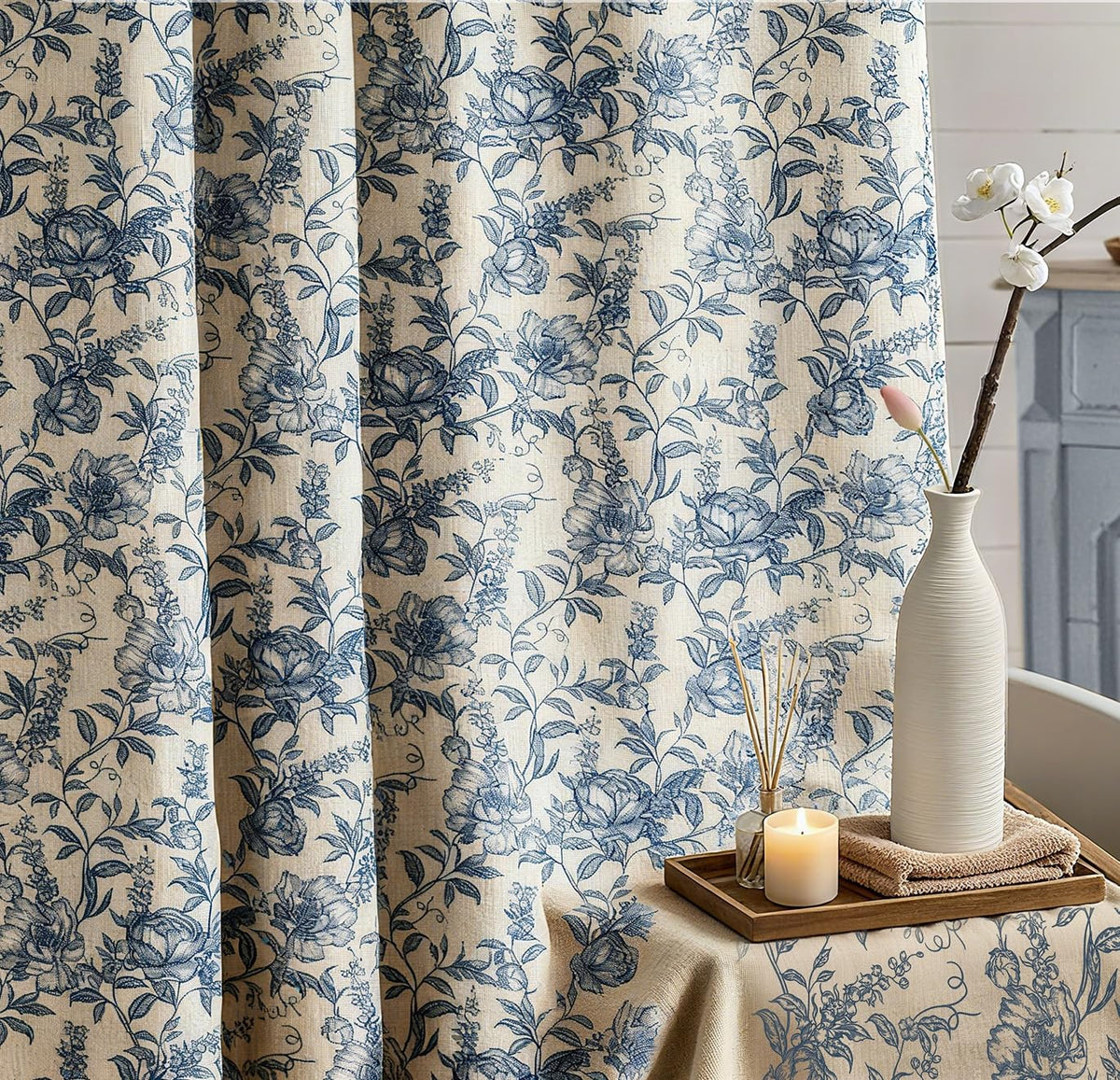 Blgiont Farmhouse Blue Floral Shower Curtain easy-installation in a modern bathroom.