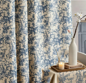 Blgiont farmhouse blue floral shower curtain fabric detail highlights faux linen texture and low-maintenance care