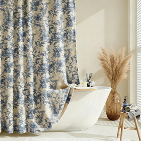 Blgiont farmhouse blue floral shower curtain closeup pattern shows vintage charm and durable fabric