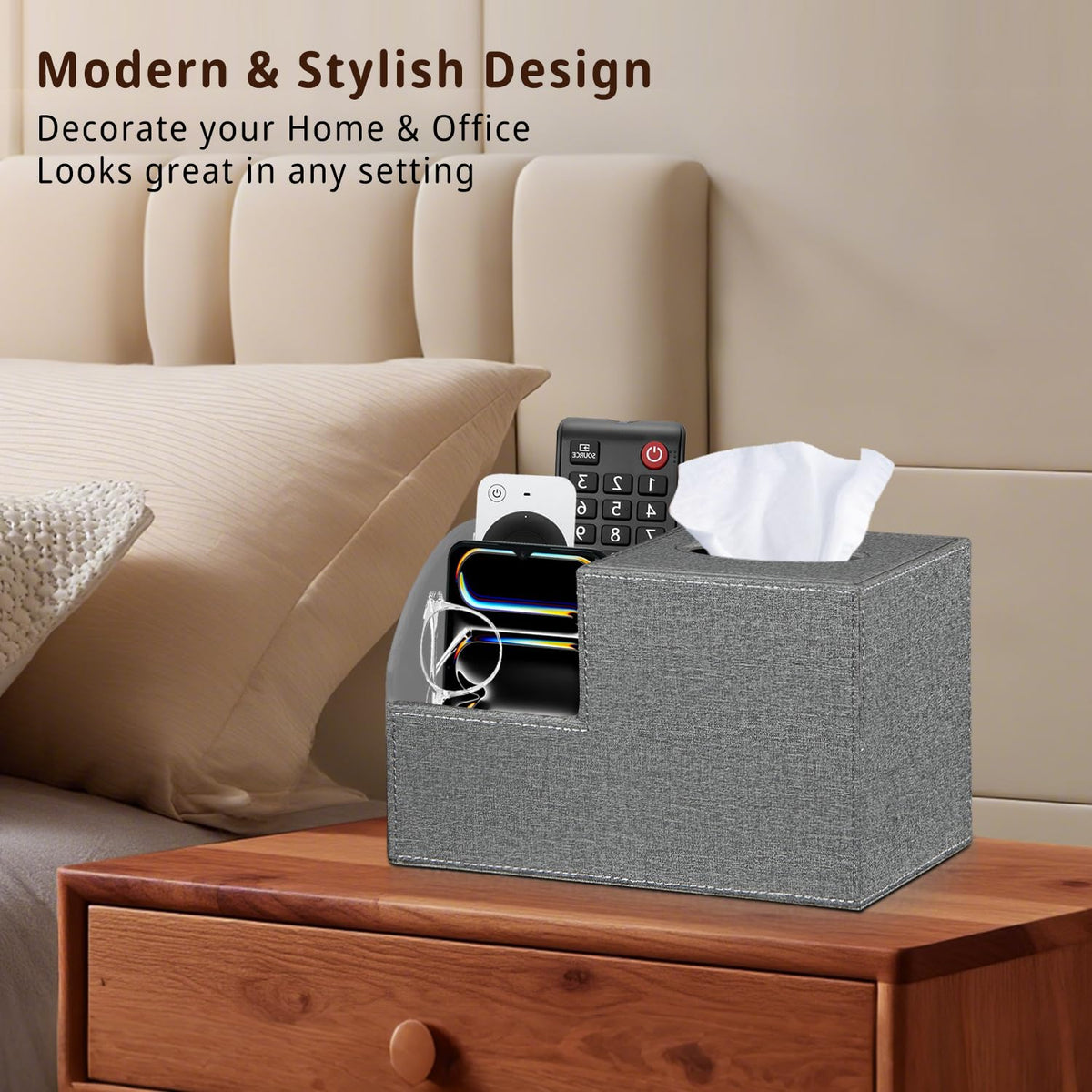BLIENCE cube tissue box organizer with storage holds tissues and gadgets neatly.