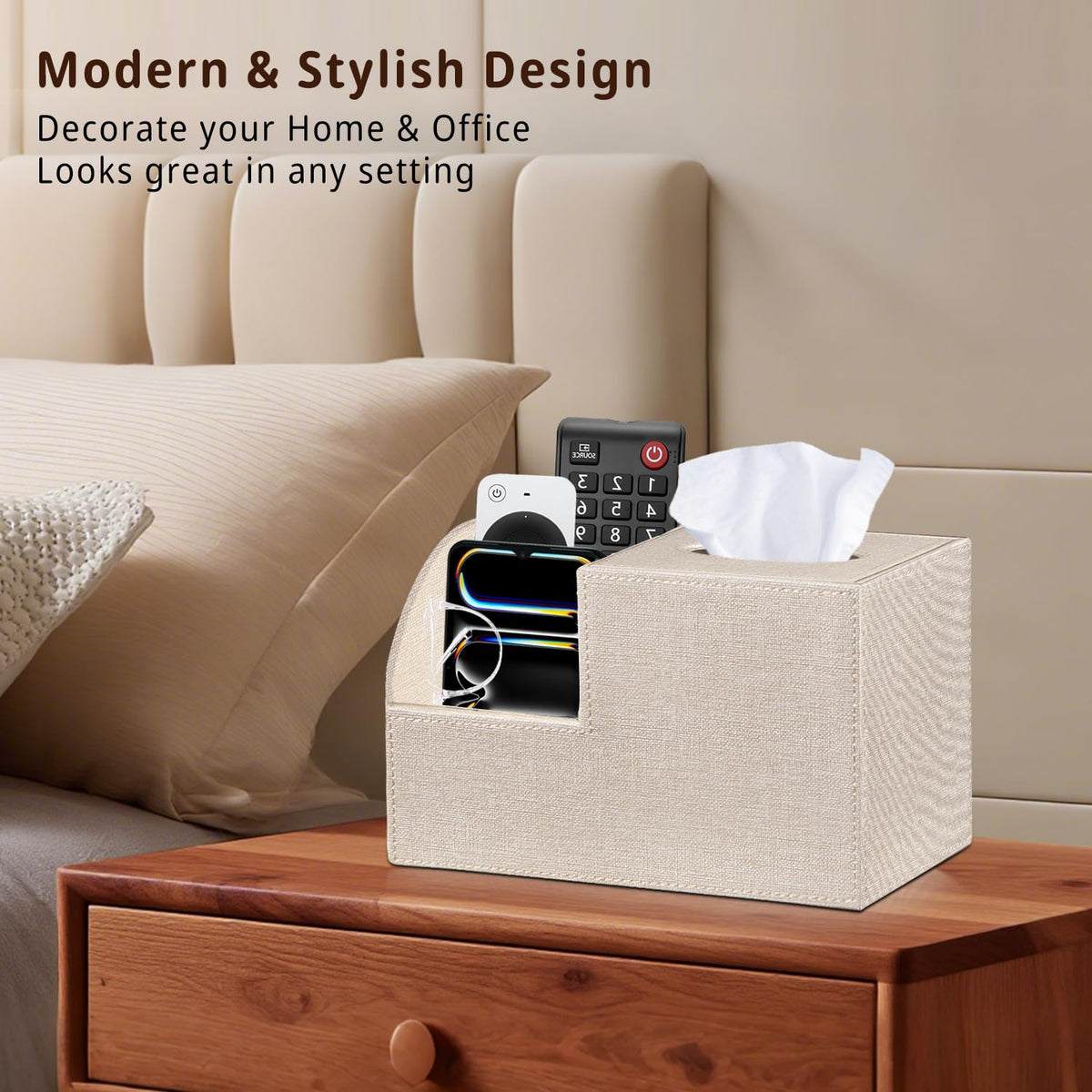 BLIENCE tissue box cover with remote holder keeps remotes tidy.