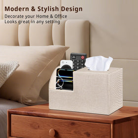 BLIENCE tissue box cover with remote holder keeps remotes tidy.