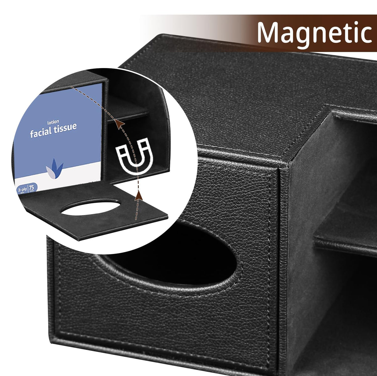 BLIENCE PU leather tissue box cover with magnetic top keeps the lid secure.