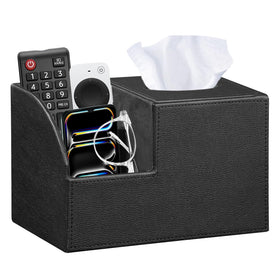 BLIENCE PU leather tissue box cover with remote holder keeps remotes within reach.