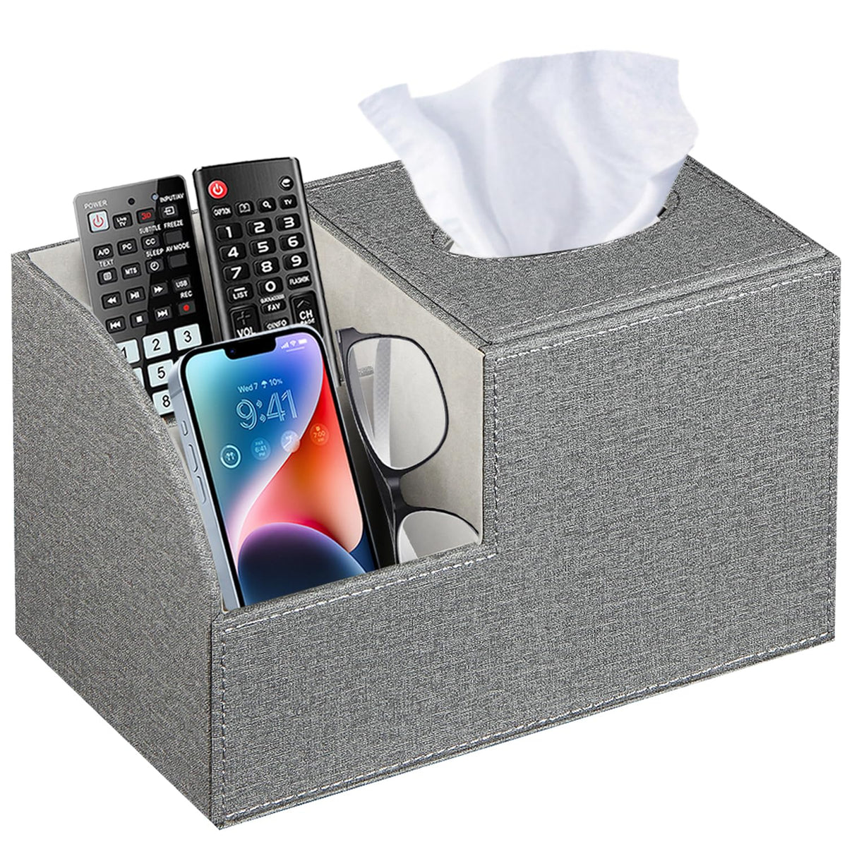 BLIENCE square tissue box cover with remote holder keeps remotes organized by the bed.
