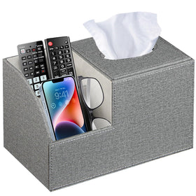 BLIENCE square tissue box cover with remote holder keeps remotes organized by the bed.