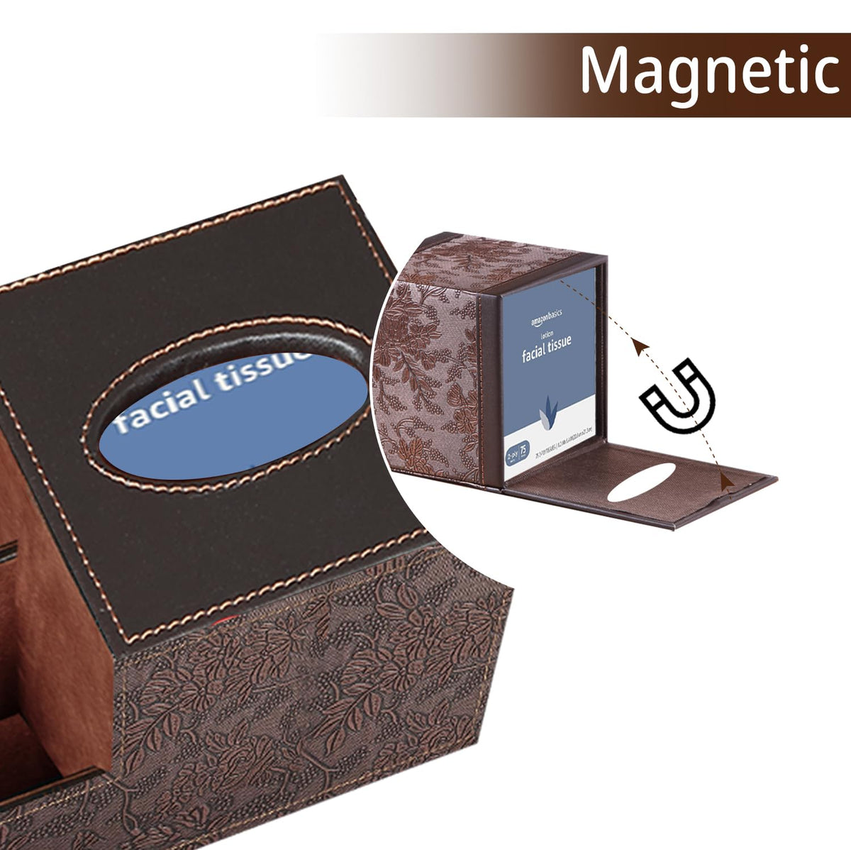 BLIENCE tissue box cover features magnetic-top lid for easy tissue refills.