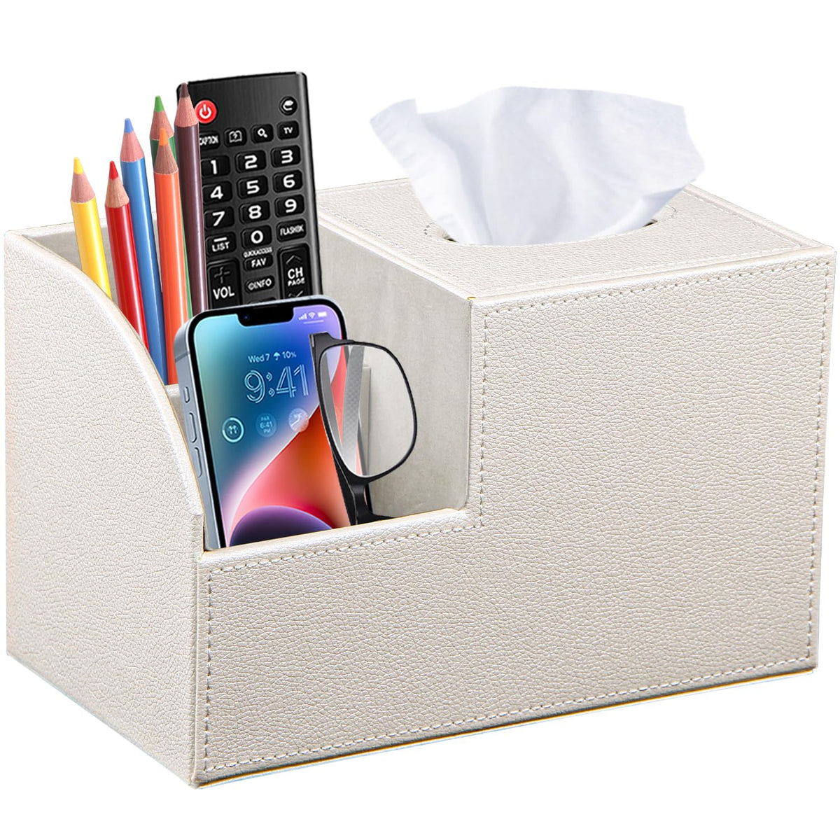 BLIENCE tissue box cover with remote holder keeps remotes organized at the nightstand.