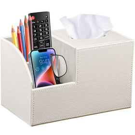 BLIENCE tissue box cover with remote holder keeps remotes organized at the nightstand.