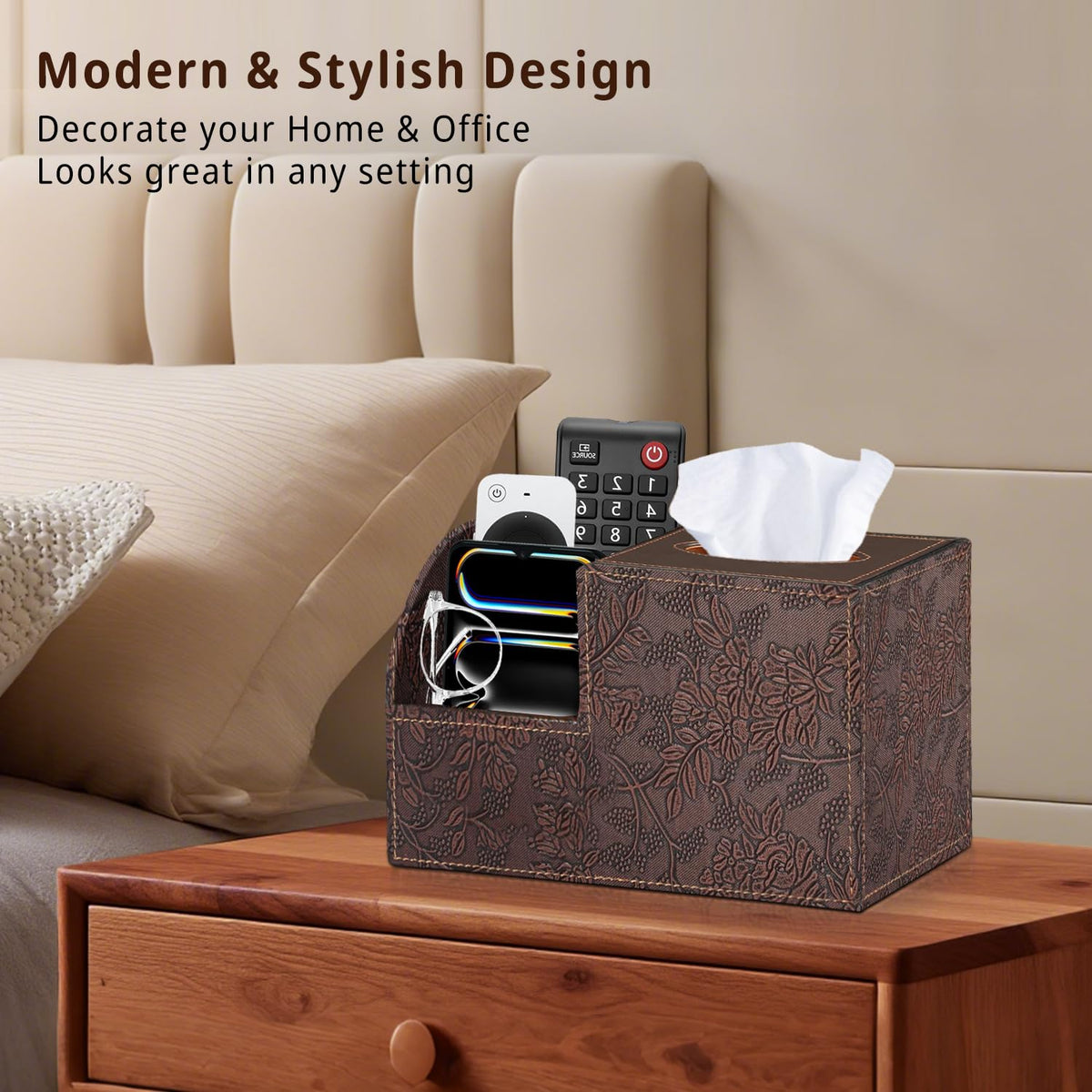 BLIENCE tissue box cover with built-in storage compartments for remotes and phones.