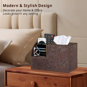 BLIENCE tissue box cover with built-in storage compartments for remotes and phones.