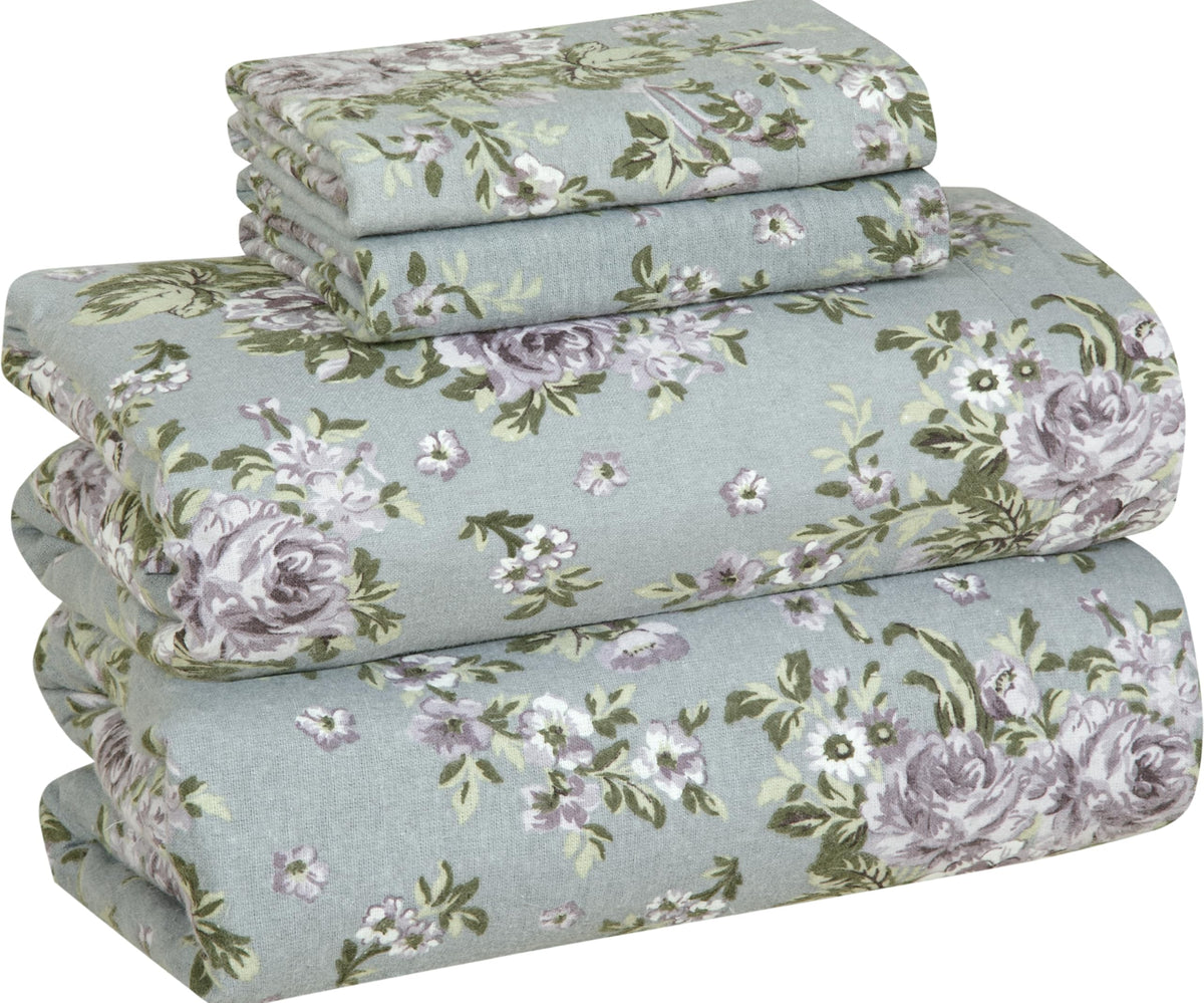 Bliss Casa Blossom flannel flat sheet on queen bed for cozy warmth and comfort.