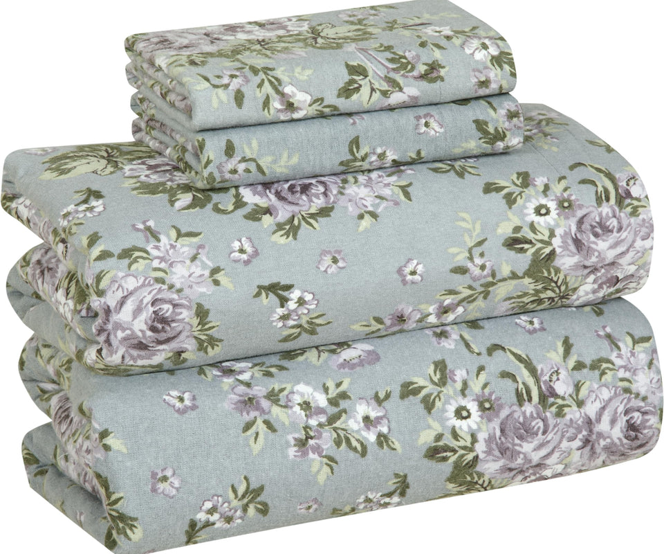 Bliss Casa Blossom flannel flat sheet on queen bed for cozy warmth and comfort.
