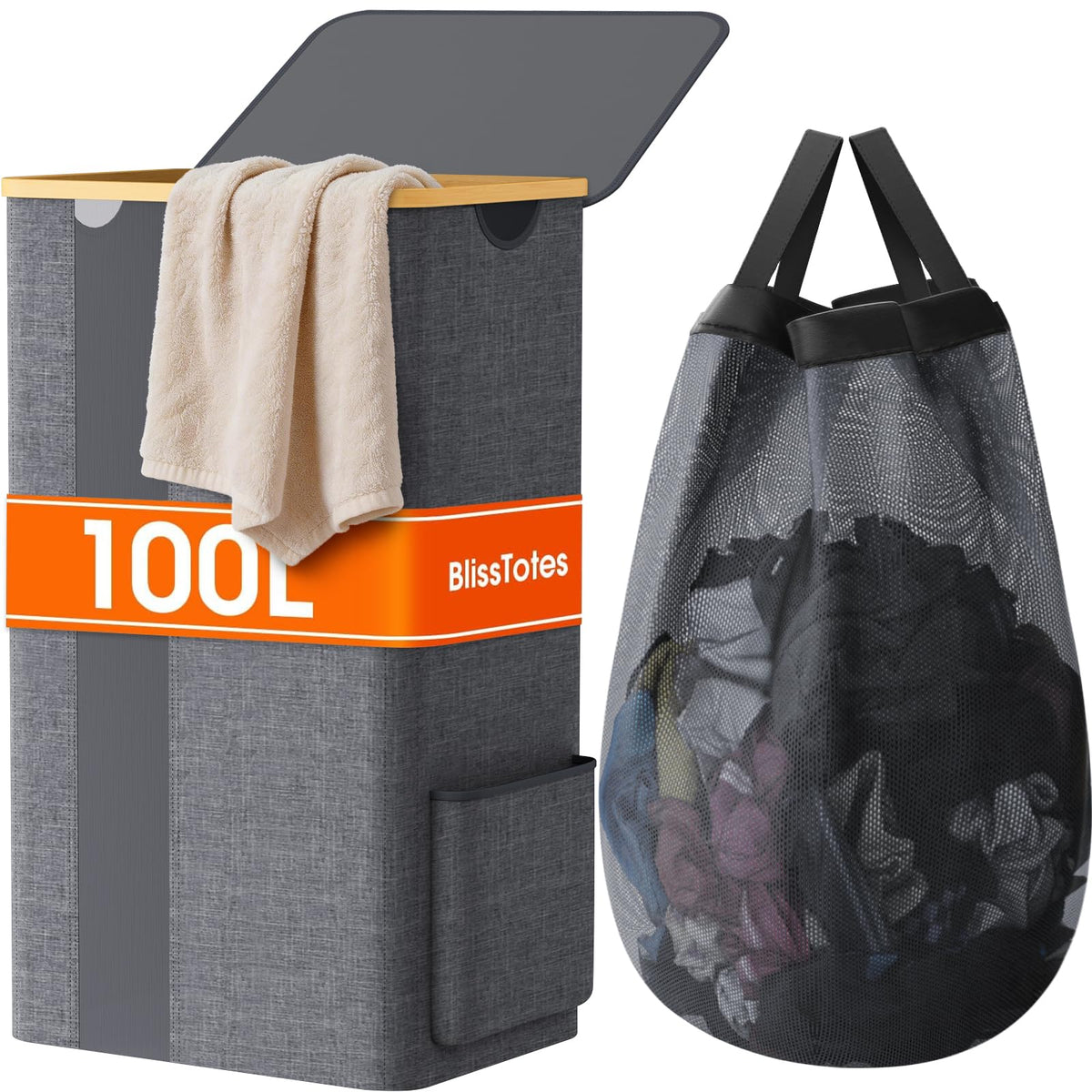 BlissTotes laundry basket with lid keeps clothes organized and easy to transport.
