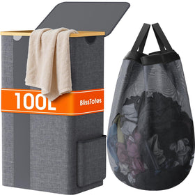 BlissTotes laundry basket with lid keeps clothes organized and easy to transport.