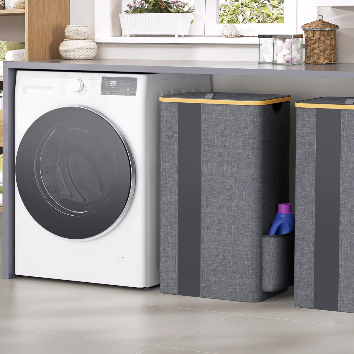 BlissTotes light grey finish complements bedrooms, bathrooms, and laundry spaces.