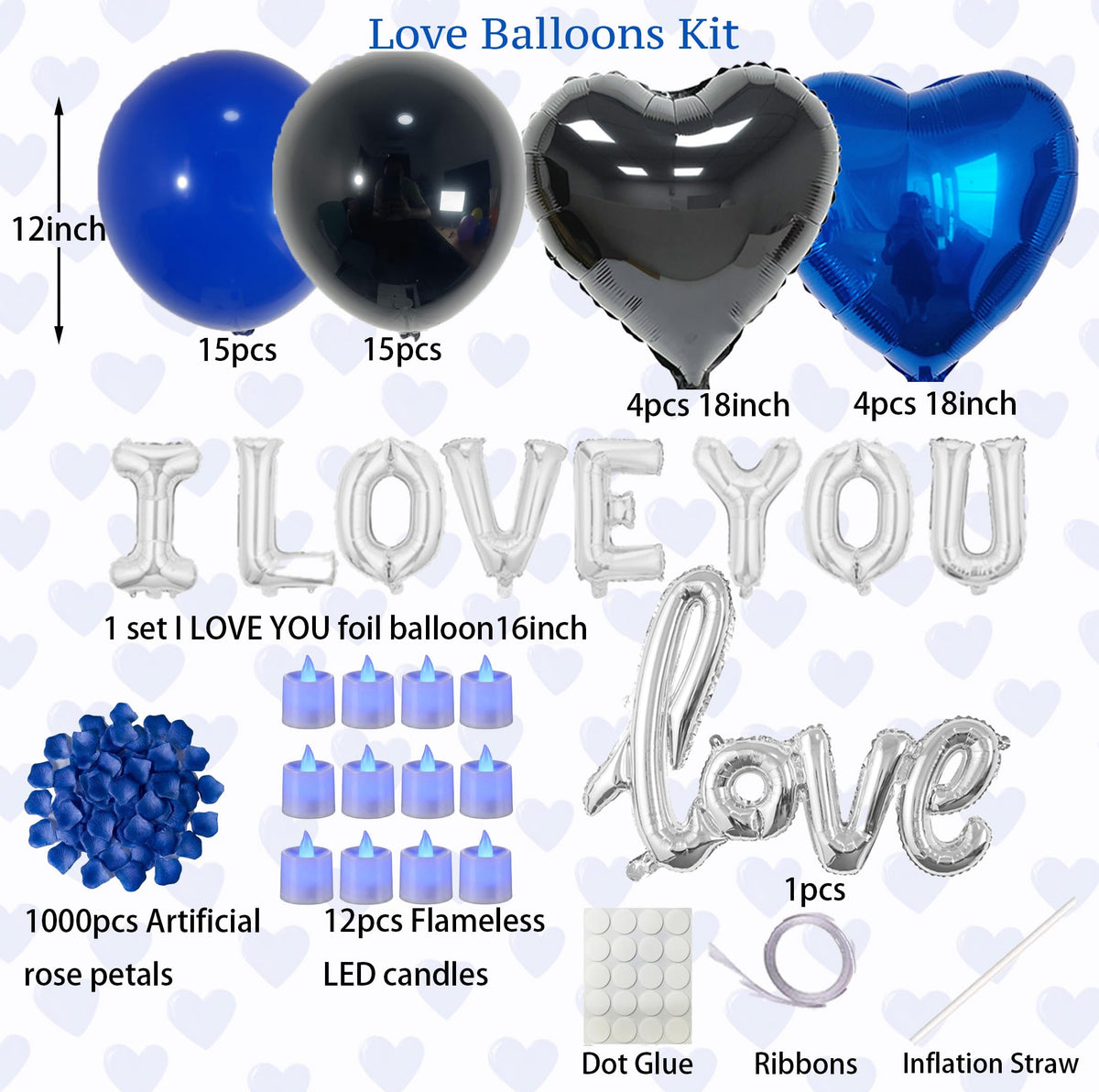 BlissBash blue and black heart balloons create bold romance for proposals and anniversaries.