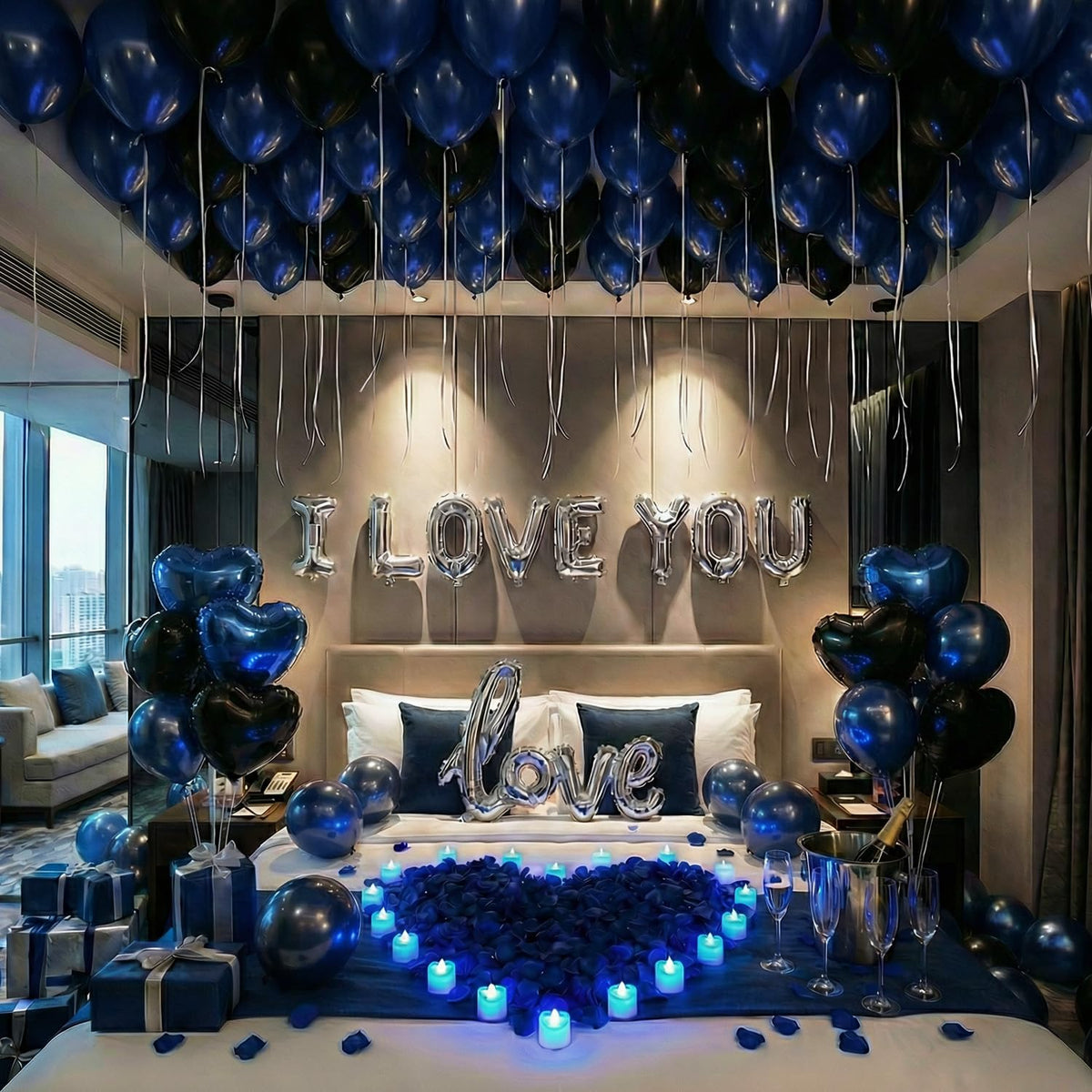 BlissBash blue LED tea lights illuminate a romantic setup, enhancing mood and sophistication.
