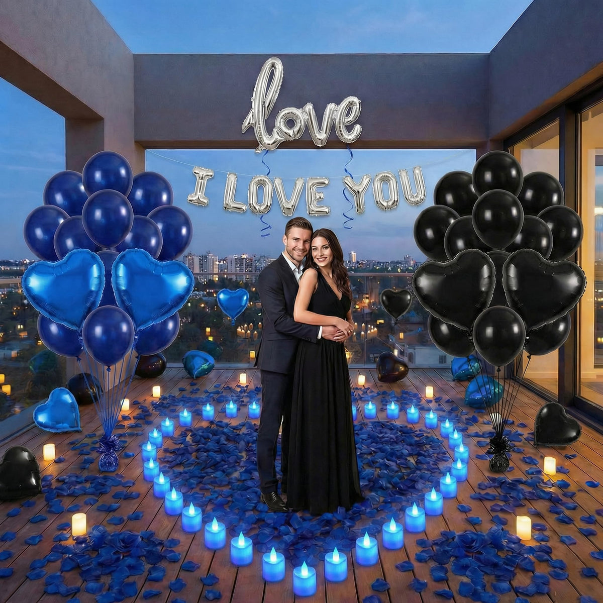 BlissBash hotel room proposal scene sets a cinematic atmosphere for a memorable moment.