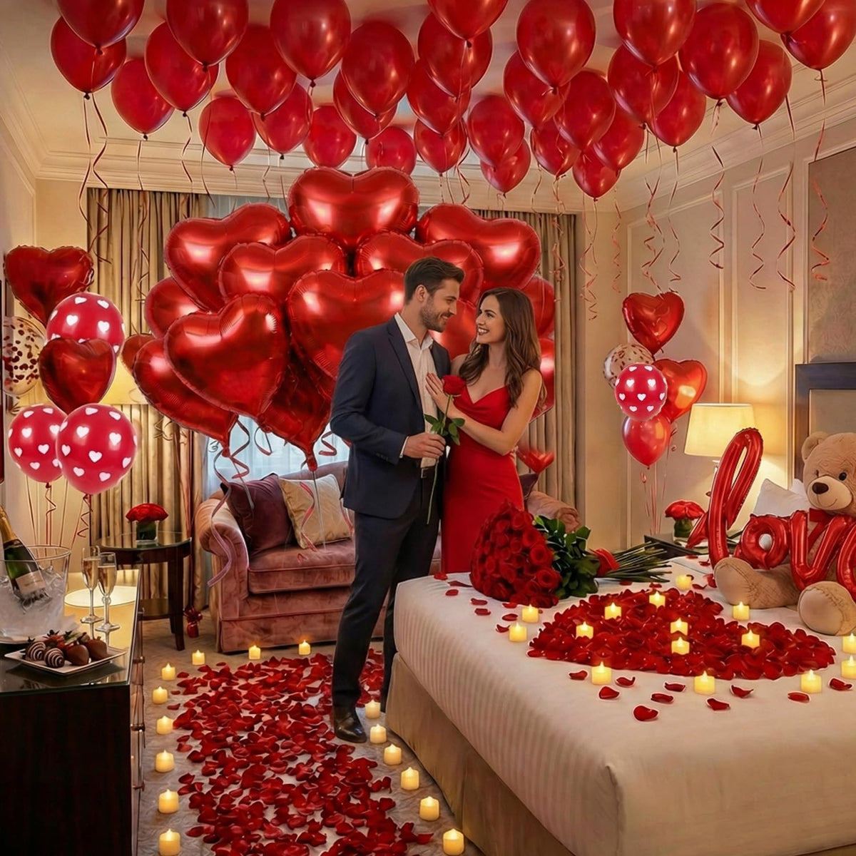 BlissBash proposal-ready setup with balloons and petals.