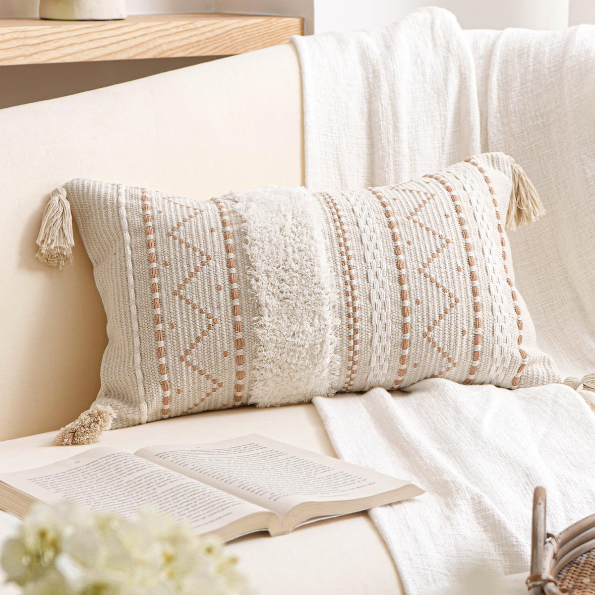 BlissBlush 12x20 lumbar pillow cover in cream with tufted detailing for cozy seating