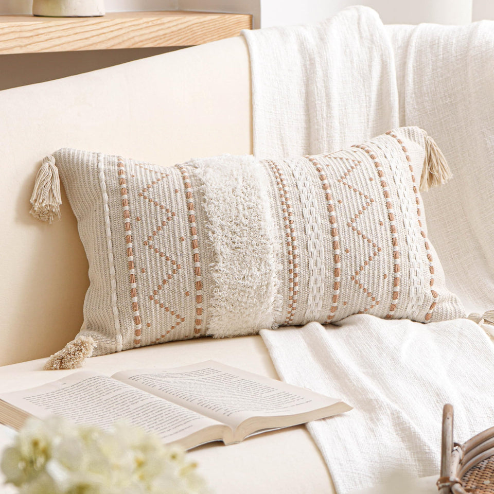 BlissBlush 12x20 lumbar pillow cover in cream with tufted detailing for cozy seating