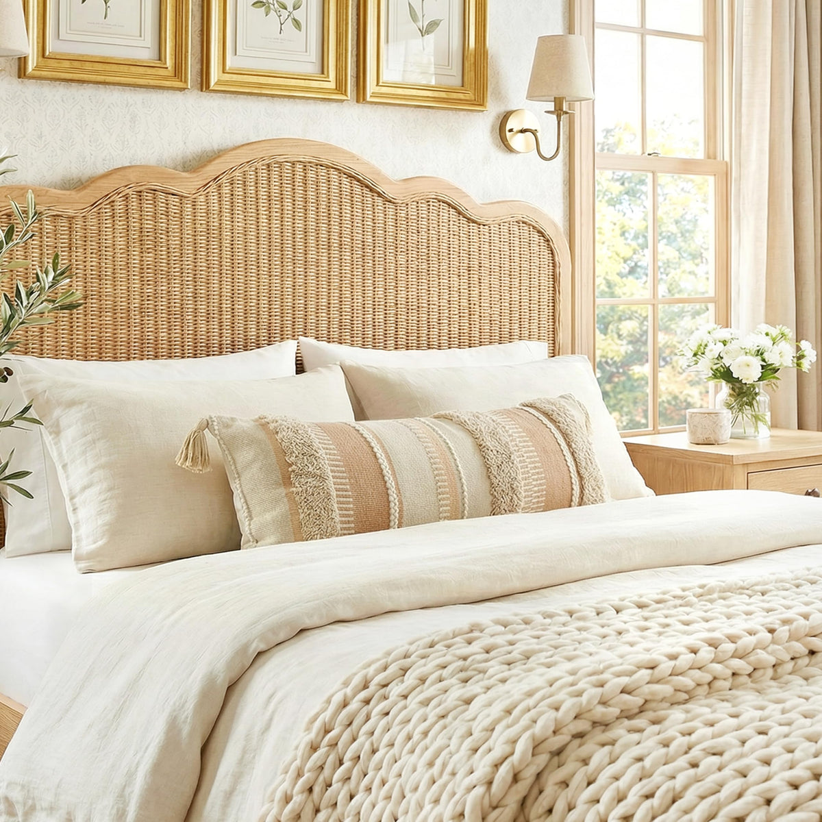 Layered BlissBlush cover creates a polished bed arrangement with lumbar support.