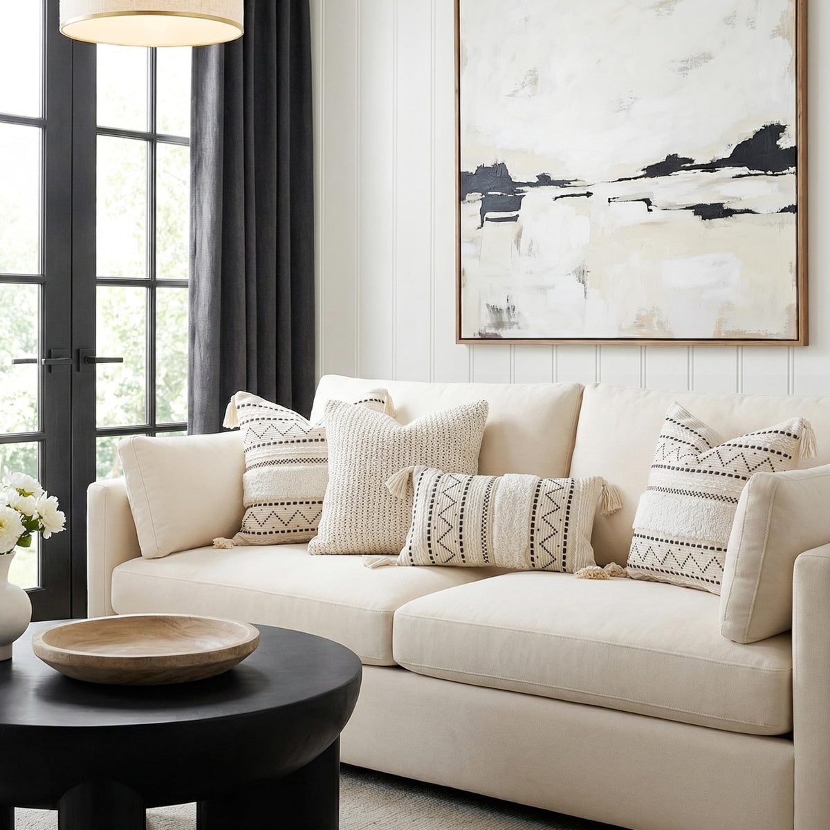 BlissBlush pillow cover showcases black woven pattern for visual contrast