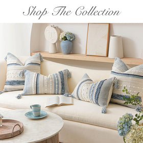 BlissBlush blue cream white colorway brightens living spaces.
