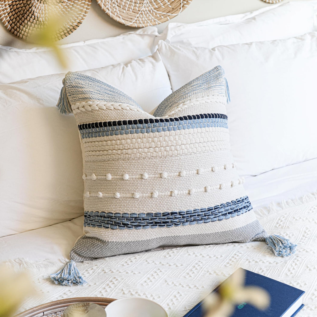 BlissBlush coastal blue bedroom decor with boho pillow cover