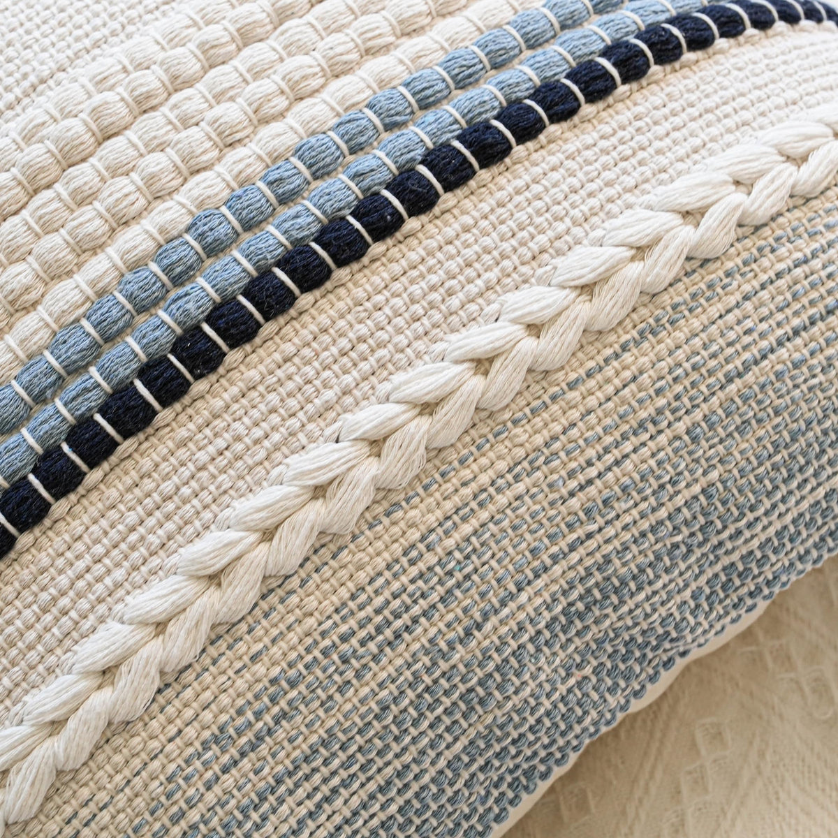 BlissBlush Coastal Blue Boho Cover shown with light pillows for contrast.