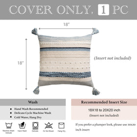 BlissBlush coastal blue boho cover with decorative weave complements neutral interiors.