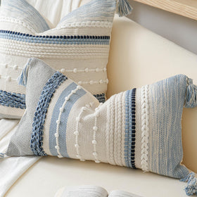 BlissBlush coastal blue boho cover elevates couch styling with soft inviting tones.