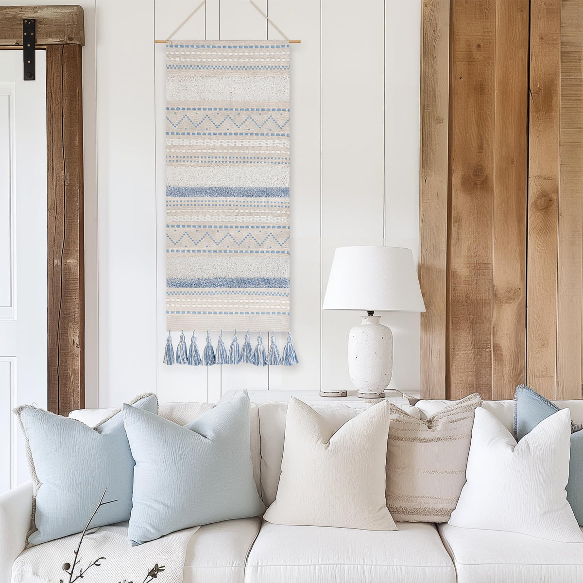BlissBlush coastal blue pattern tapestry with cream-beige tones