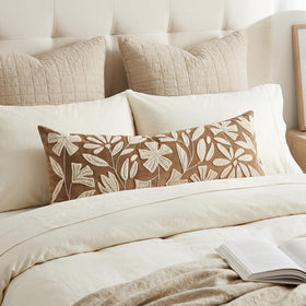 BlissBlush embroidered floral detail on velvet lumbar cover adds farmhouse charm.