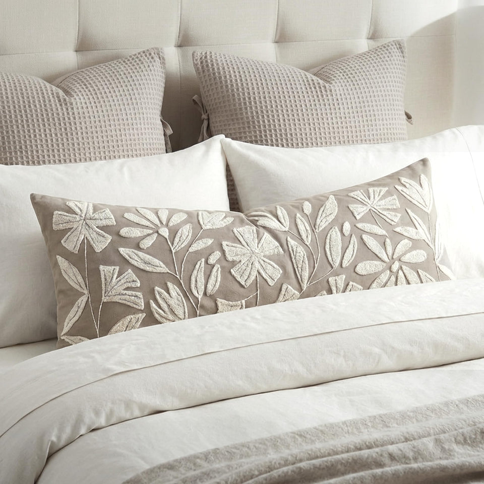 BlissBlush lumbar pillow cover in taupe velvet with refined tufted texture for sofas