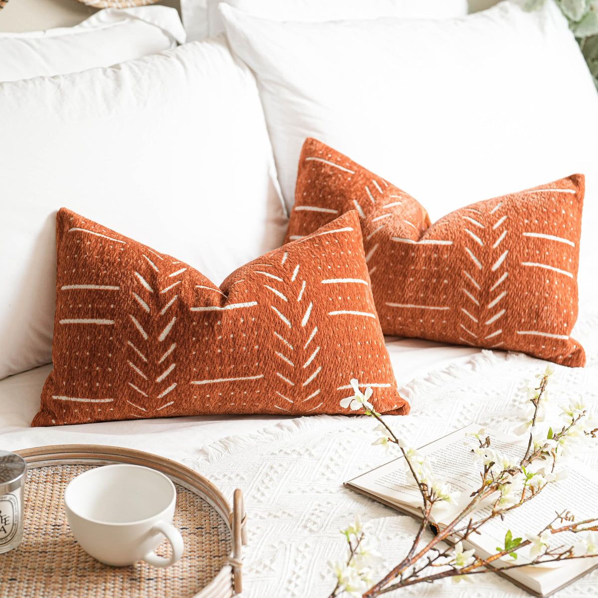 BlissBlush lumbar pillow cover in brick red adds cozy texture to your couch