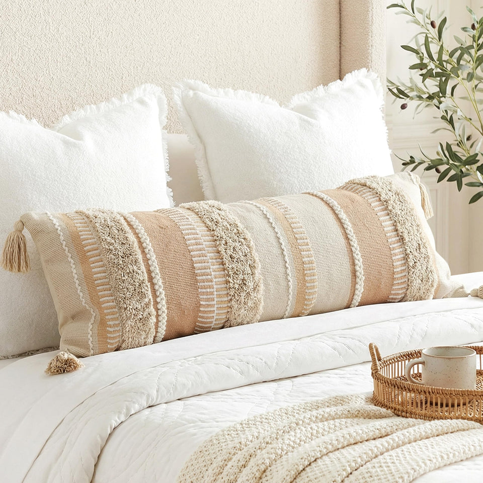 BlissBlush lumbar pillow cover 14x36 on bed adds balanced style and gentle support.