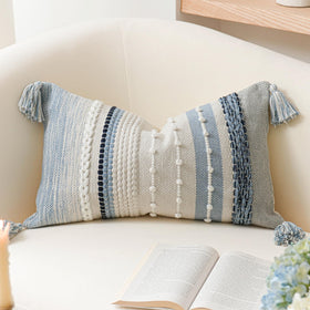 BlissBlush lumbar pillow cover in Boho blue adds cozy texture to sofas.